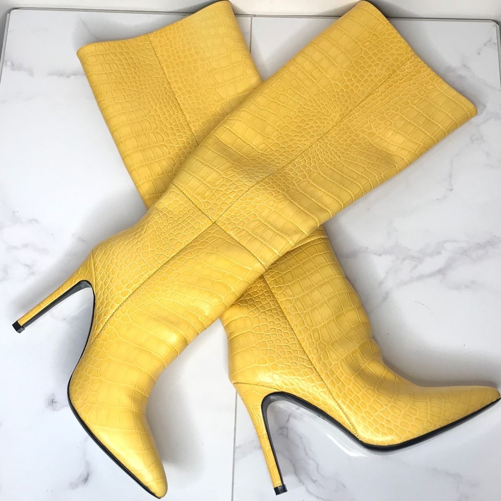 Paris Texas Yellow Croc Embossed Knee Boots Heels